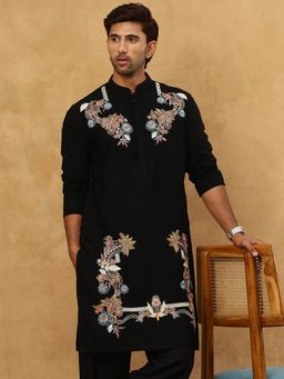 Jompers - Men Black Japanese Imported Fabric Embroidered Kurta