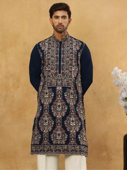 Jompers - Men Navy Blue Embroidered Silk Blend Kurta