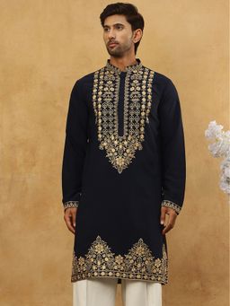 Jompers - Men Navy Blue Japanese Embroidered Kurta