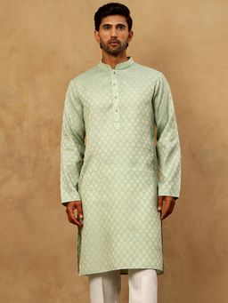 Jompers - Men Green Woven Design Cotton Jacquard Kurta