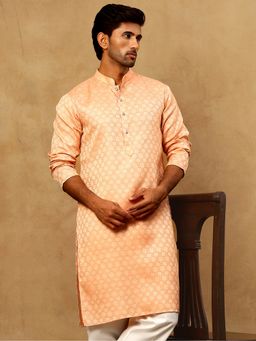 Jompers - Men Peach Woven Design Cotton Jacquard Kurta