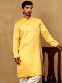 Jompers - Men Yellow Woven Design Cotton Jacquard Kurta