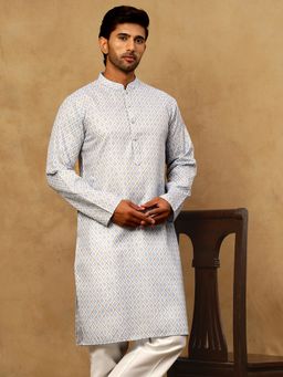Jompers - Men Blue Foil Printed Cotton Blend Kurta