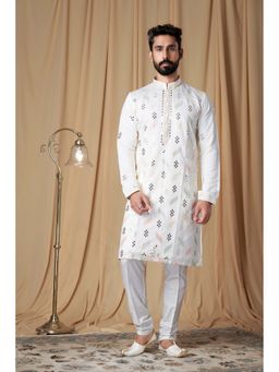 EKATVA ETHNIC - Men Off White Muslin Mirror and Embroidered Kurta with Pyjama