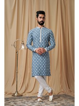 EKATVA ETHNIC - Men Air Force Blue Muslin Allover Embroidered Kurta with Pyjama