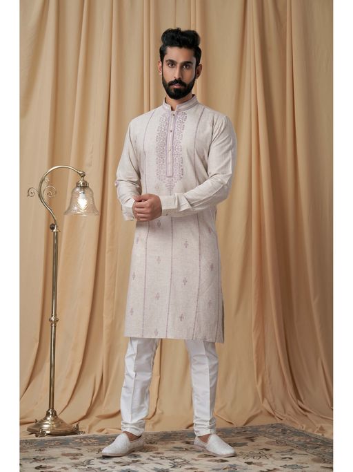 EKATVA ETHNIC Men Beige Tusser Embroidered Kurta with Pyjama