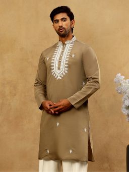 Jompers - Men Beige Silk Blend Embroidered Ethnic Kurta