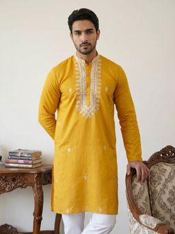Jompers - Men Mustard Silk Blend Embroidered Ethnic Kurta