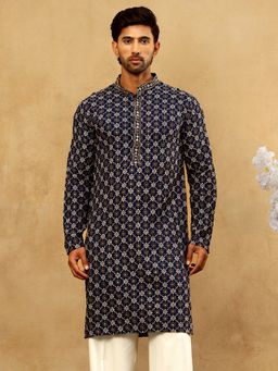 Jompers - Men Navy Blue Viscose Rayon Embroidered Sequin Kurta