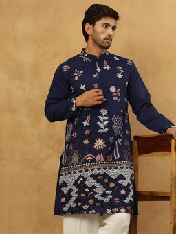 Jompers - Men Navy Blue Silk Blend Floral Embroidered Kurta