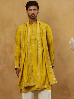 Jompers - Men Mustard Silk Blend Embroidered Kurta with Dupatta