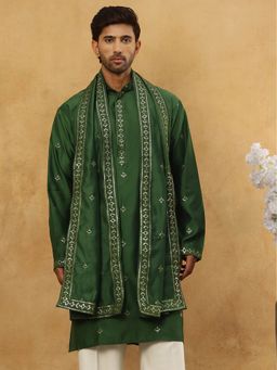 Jompers - Men Olive Silk Blend Embroidered Kurta with Dupatta