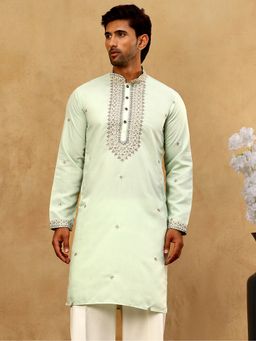 Jompers - Men Silk Green Blend Embroidered Kurta