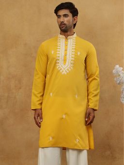 Jompers - Men Mustard Silk Blend Embroidered Ethnic Kurta
