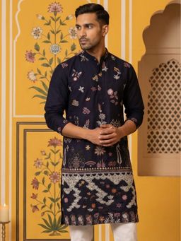 Jompers - Men Navy Blue Silk Blend Floral Embroidered Kurta