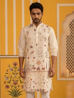 Jompers - Men White Silk Blend Floral Embroidered Kurta
