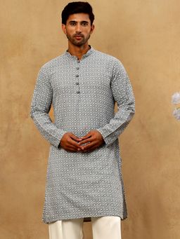 Jompers - Men Grey Chikankari Cotton Kurta