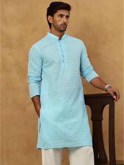 Jompers - Men Blue Chikankari Cotton Kurta
