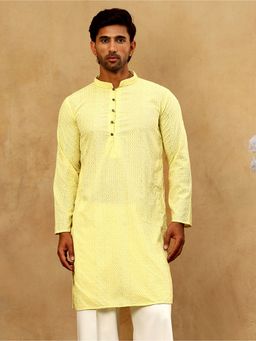 Jompers - Men Yellow Chikankari Embroidered Kurta