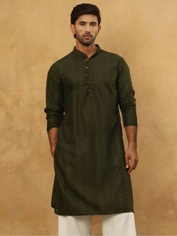 Jompers - Men Olive Chikankari Embroidered Kurta
