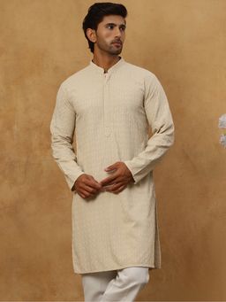 Jompers - Men Beige Embroidered Viscose Rayon Kurta