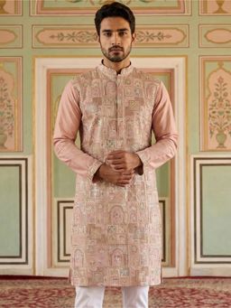 Jompers - Men Peach Embroidered Straight Kurta