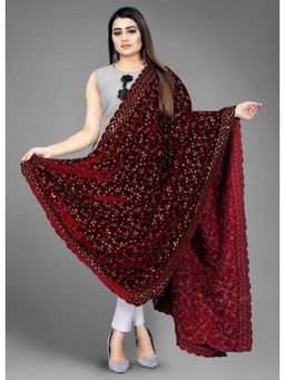 Gahan - Velvet Heavy All Over Floral Embroidered Embellished Scallop Bordered Maroon Dupatta