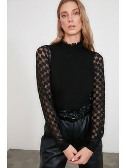 Trendyol - Black Sheer Sleeve L Knit Top