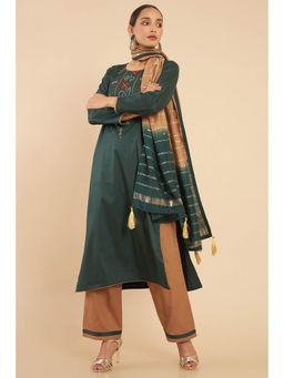 Soch - Green Cotton Embroidered Dress Material with Beige Dupatta and Bottom (Set of 3)