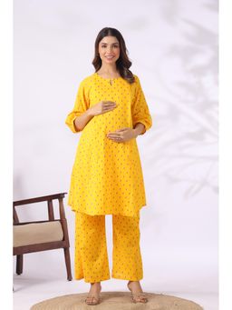 CRAFIQA - Yellow Cotton Printed Maternity Kurta With Pant