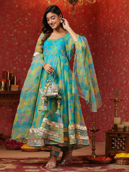 SamaayaJaipur - Cerulean Blue Organza Anarkali Kurta with Pant & Dupatta (Set of 3)