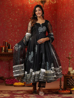 SamaayaJaipur - Rich Black Organza Anarkali Kurta with Pant & Dupatta (Set of 3)