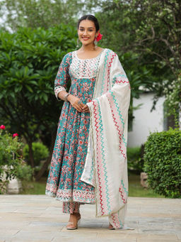 SamaayaJaipur - Shakespeare Cotton Anarkali Kurta with Pant & Dupatta (Set of 3)