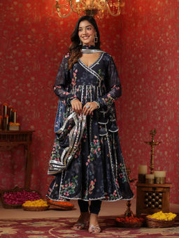 SamaayaJaipur - Navy Blue Angarkha Georgette Anarkali Kurta with Pant & Dupatta (Set of 3)