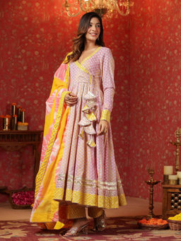 SamaayaJaipur - Bumblebee Cotton Anarkali Kurta with Pant & Dupatta (Set of 3)