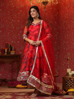 SamaayaJaipur - Radical Red Organza Anarkali Kurta with Pant & Dupatta (Set of 3)