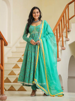 SamaayaJaipur - Turquoise Green Cotton Anarkali Kurta with Pant & Dupatta (Set of 3)