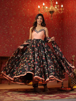 SamaayaJaipur - Black Organza Sleeveless Anarkali Kurta with Pant & Dupatta (Set of 3)