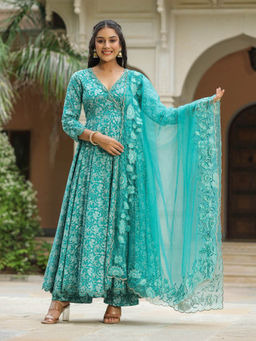 SamaayaJaipur - Pelorous Blue Cotton Anarkali Kurta with Pant & Dupatta (Set of 3)