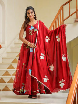 SamaayaJaipur - Valencia Red Hand Print Organza Anarkali Kurta with Pant & Dupatta (Set of 3)