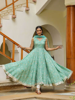 SamaayaJaipur - Monte Carlo Green Cotton Anarkali Kurta with Pant & Dupatta (Set of 3)
