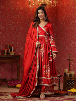 SamaayaJaipur - Maroon Chinon Printed Lace Anarkali Kurta with Pant & Dupatta (Set of 3)