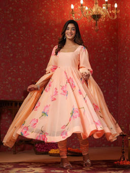 SamaayaJaipur - Peach Chanderi Printed Square Neck Anarkali Kurta with Pant & Dupatta (Set of 3)