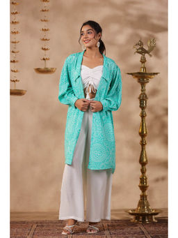 SamaayaJaipur - White Natural Crepe Front String with Shrug Co-Ord (Set of 3)