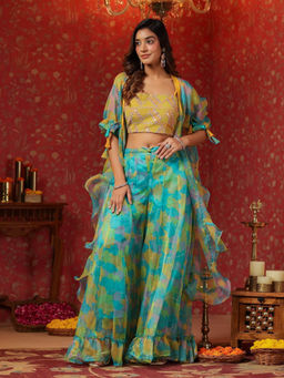 SamaayaJaipur - Yellow Organza Embroidered Crop Top Frilled Shrug Co-Ord (Set of 3)