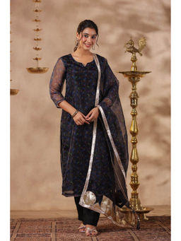 SamaayaJaipur - Black Organza Printed Straight Kurta with Pant & Dupatta (Set of 3)