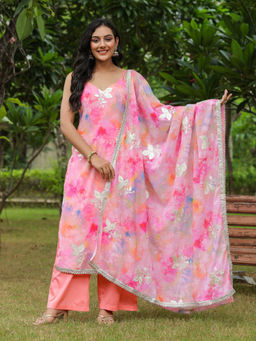 SamaayaJaipur - Pink Georgette Floral Embroidered Kurta with Pant & Dupatta (Set of 3)