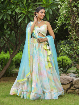 SamaayaJaipur - Multi Color Gota Work Georgette Lehenga with Blouse & Dupatta (Set of 3)