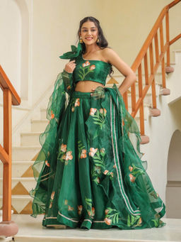 SamaayaJaipur - Amazon Green Organza Mehndi Lehenga with Blouse & Dupatta (Set of 3)