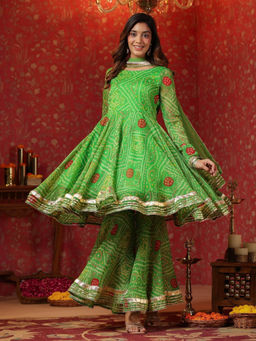 SamaayaJaipur - Apple Green Bandhani Print Kurta with Sharara & Dupatta (Set of 3)